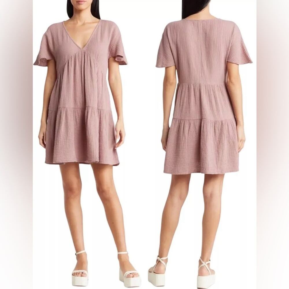 Madewell Dress Lightspun Popover Tiered Mini Pink Classic Minimalist XXS